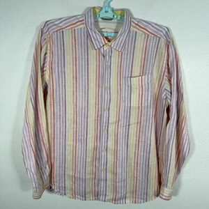 Tommy Bahama Shirt‎ Mens XL White Linen Button Up Hawaiian Island Striped